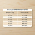 A teal and white informational chart titled 'DAILY SUGGESTED FEEDING AMOUNTS' showing recommended daily feeding amounts in grams per day for dog weights ranging from 10-15kg to 35-40kg.