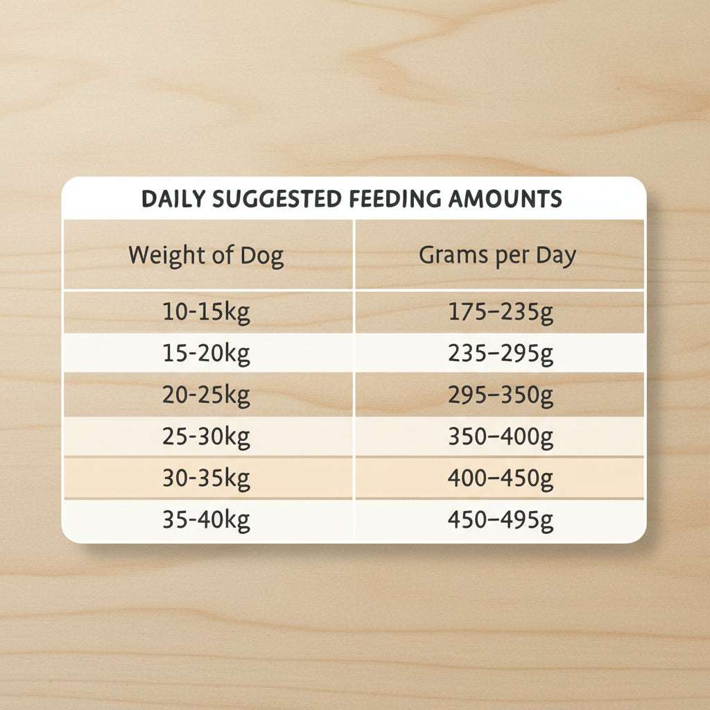 A teal and white informational chart titled 'DAILY SUGGESTED FEEDING AMOUNTS' showing recommended daily feeding amounts in grams per day for dog weights ranging from 10-15kg to 35-40kg.
