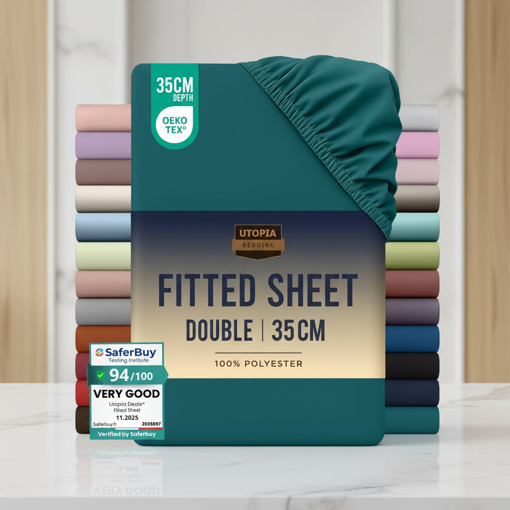 Teal fitted sheet with Utopia Bedding branding and color swatches on a white background