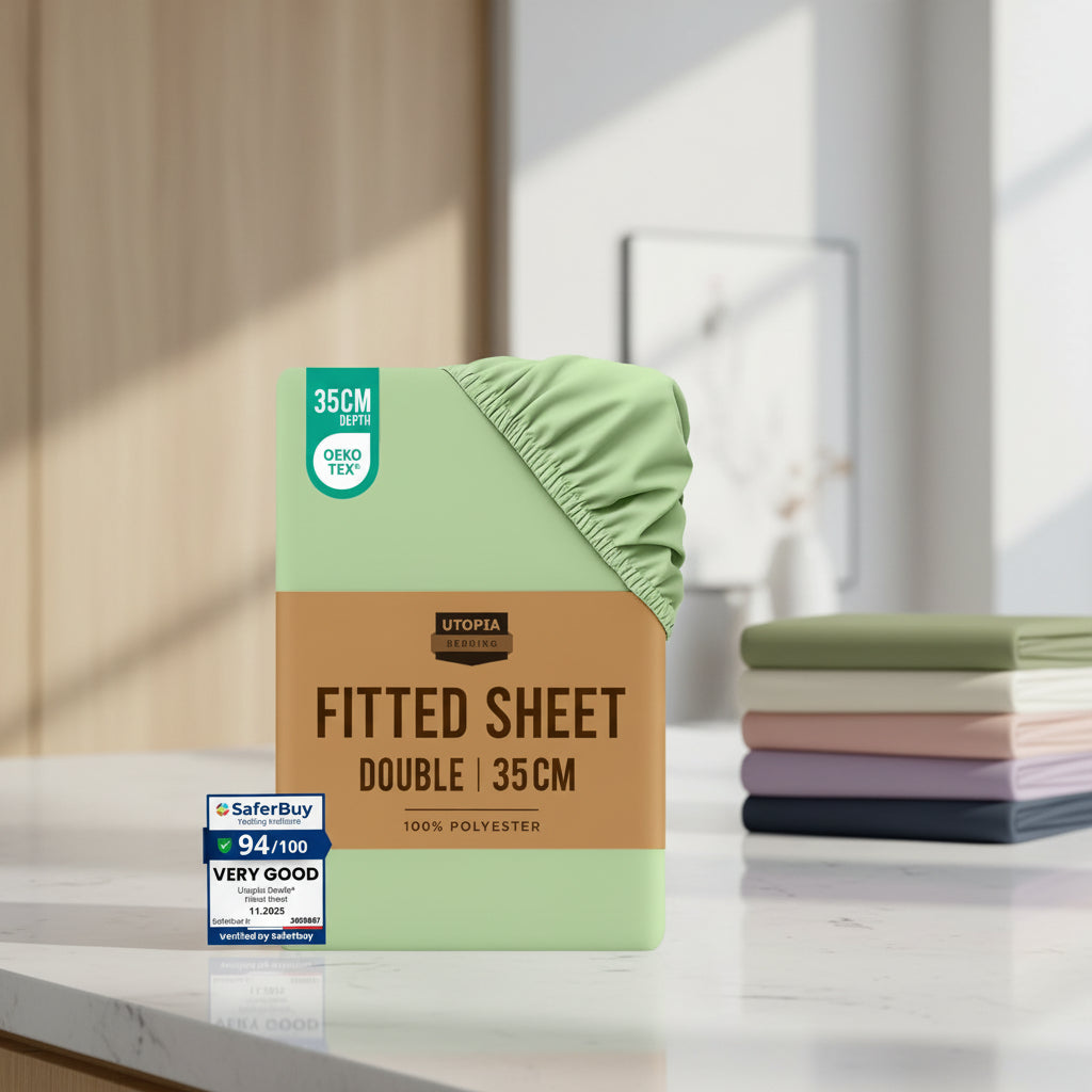 Stack of Utopia Bedding fitted sheets with a green sheet on top, surrounded by other sheets in various colors.