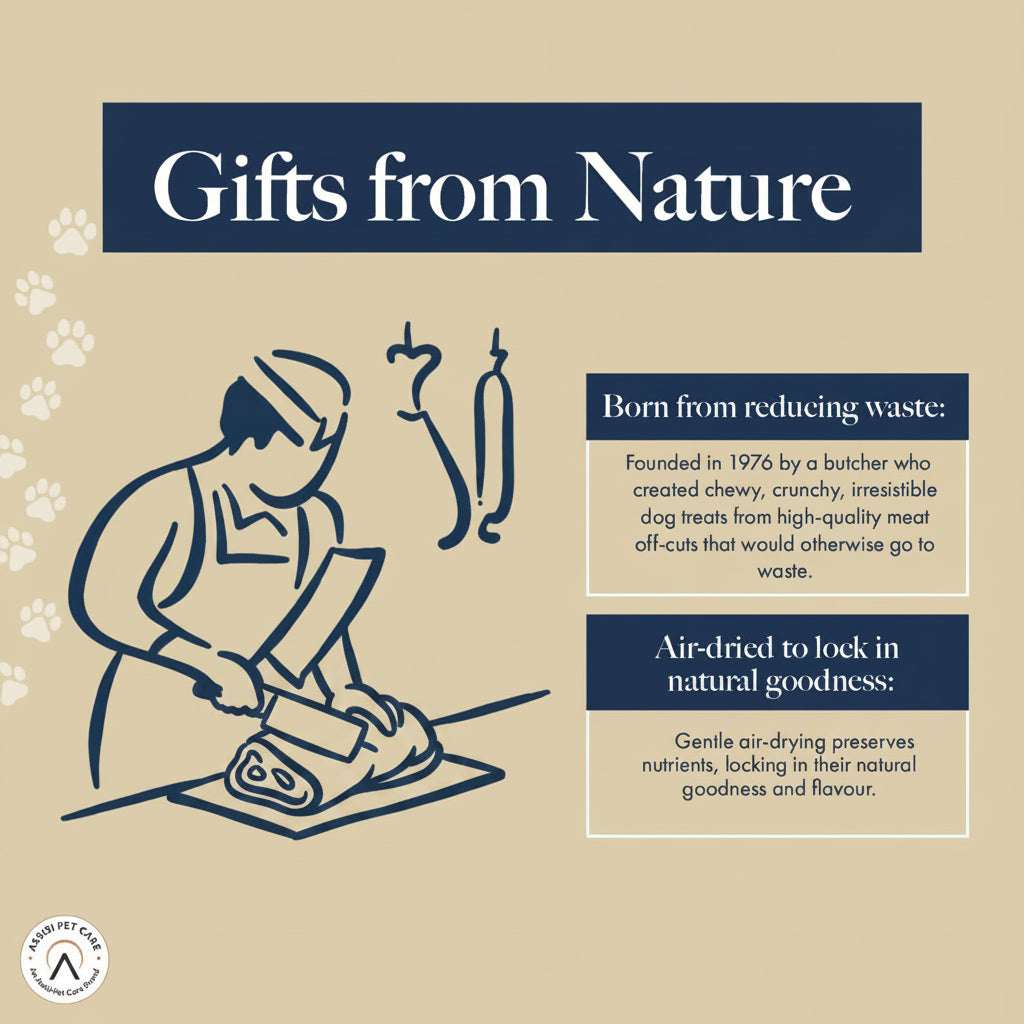 Advertisement for 'Gifts from Nature' dog treats with illustrations and text on a beige background.