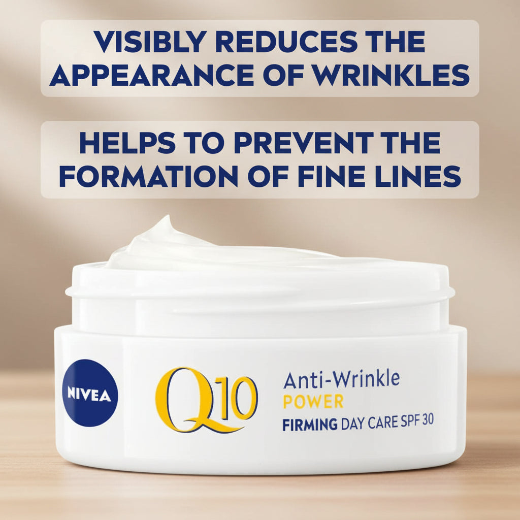 Nivea Q10 Anti-Wrinkle Power cream jar with text on a white background