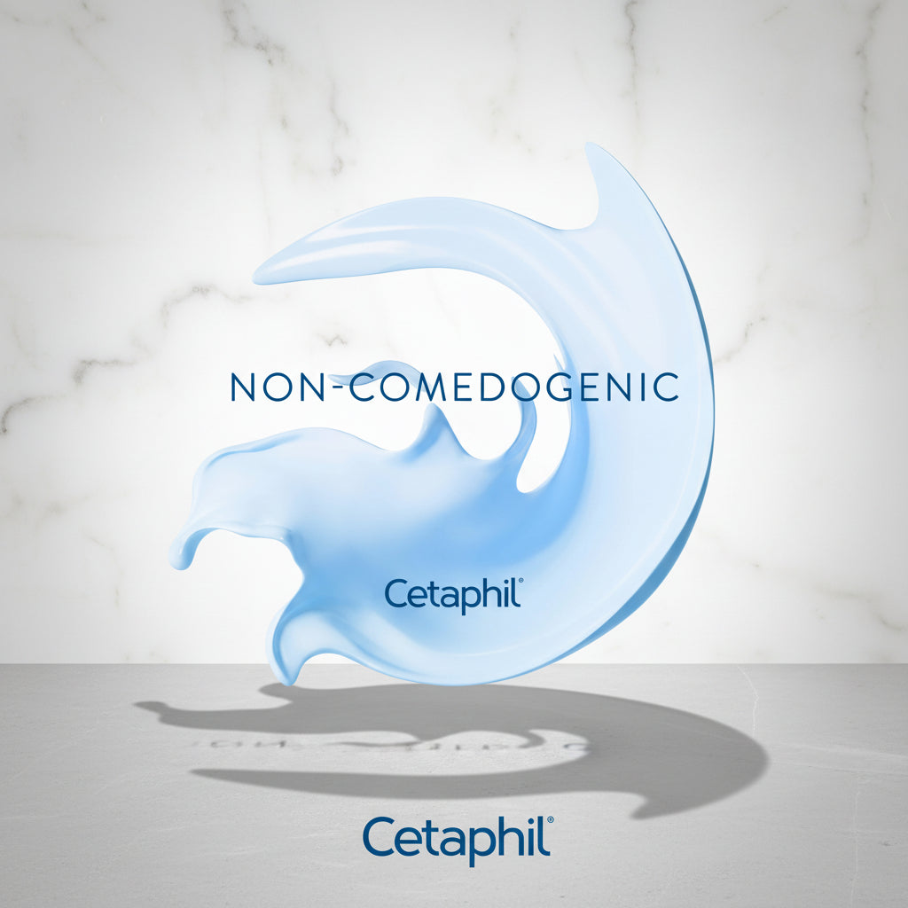 Cetaphil logo with a non-comedogenic label on a blue background