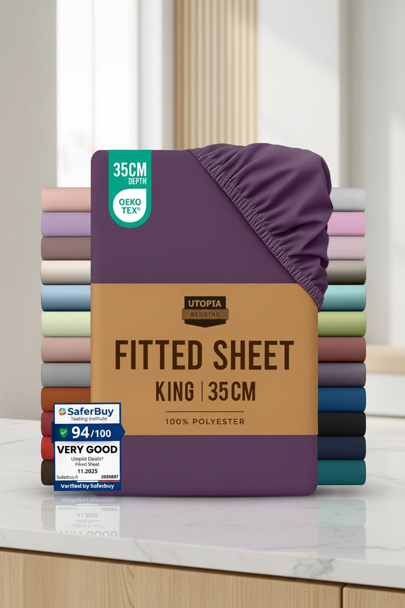 Stack of Utopia Bedding fitted sheets with a purple sheet on top and a brown label.