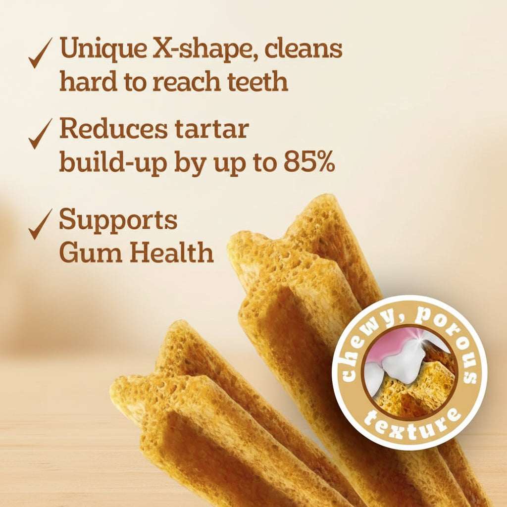 Teeth cleaning sticks with text on a blue background, featuring the brand 'Chewy Potous'.