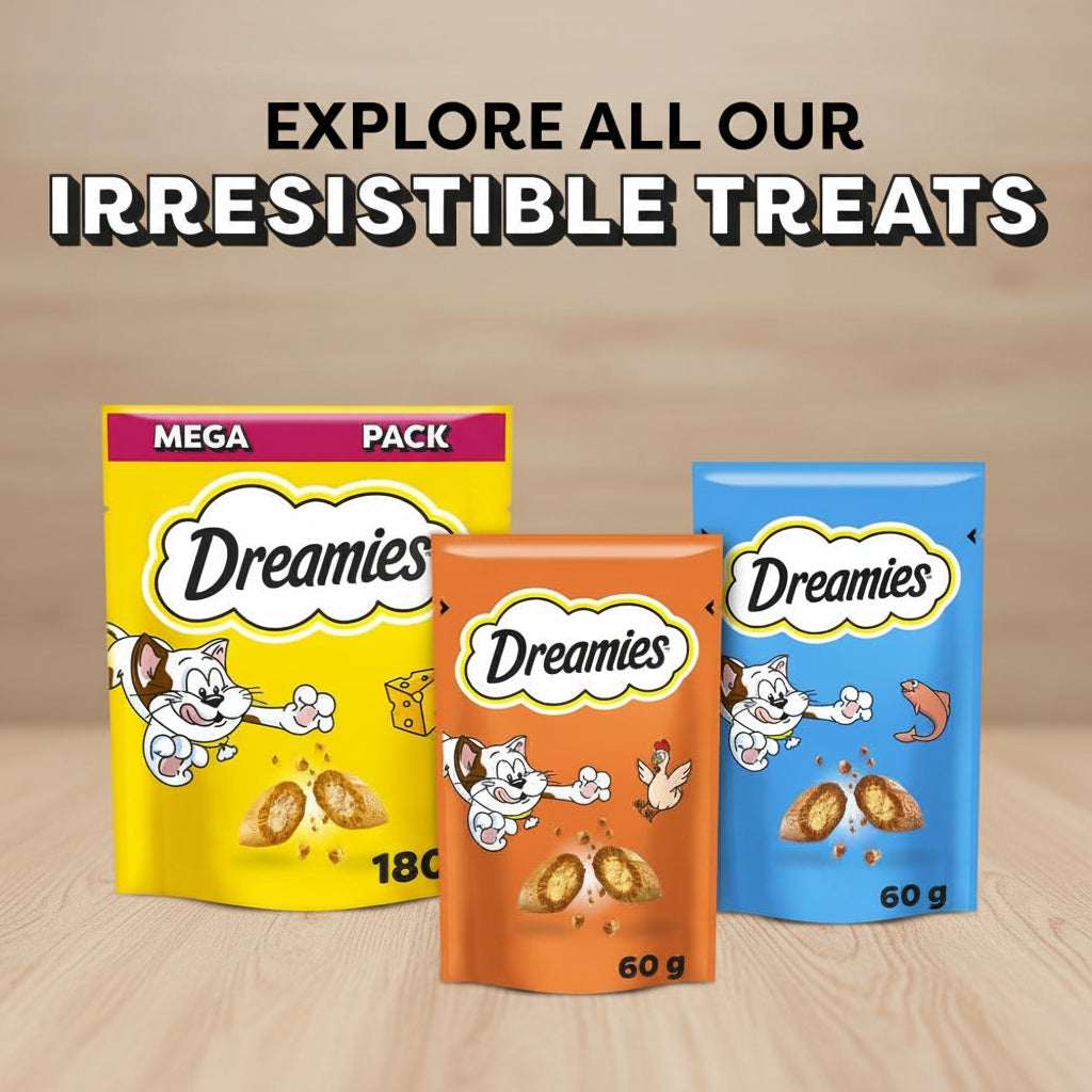 Three Dreamies cat treat packages on a yellow background with text 'Explore all our irresistible treats'.