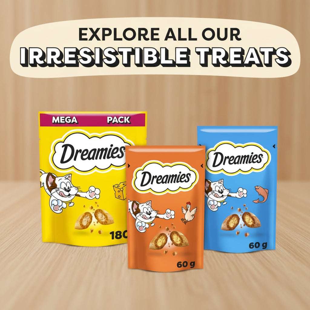 Three Dreamies cat treat packages on a yellow background with text 'Explore all our irresistible treats'.