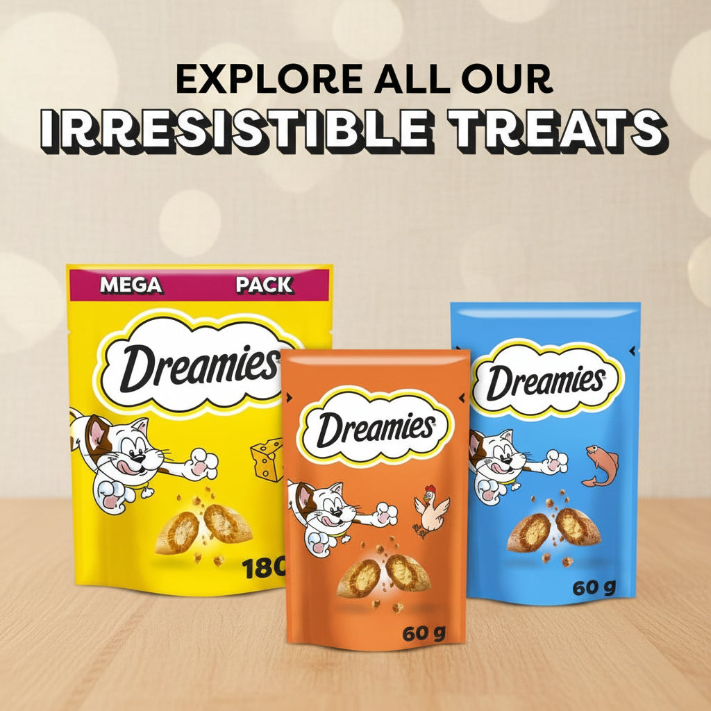 Three Dreamies cat treat packages on a yellow background with text 'Explore all our irresistible treats'.