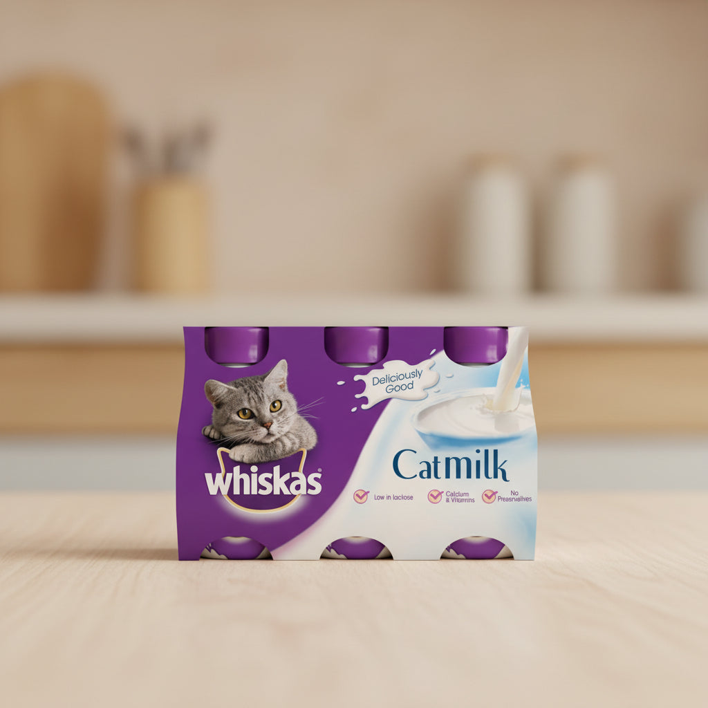A 6-pack of Whiskas Cat Milk wet cat food in a purple and white cardboard multipack. The packaging features a photo of a grey tabby cat on the left, a splash of milk on the right, and three individual purple lids visible at the top.