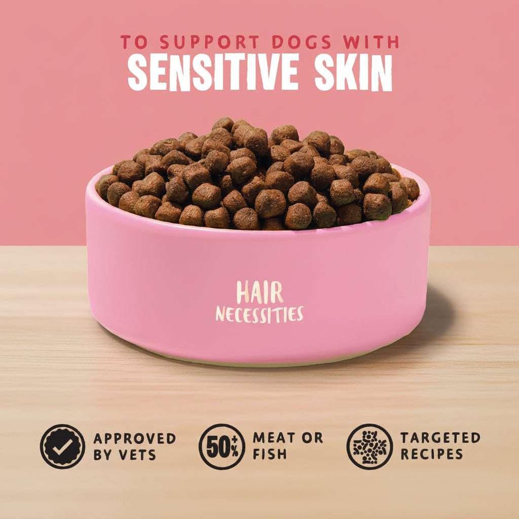 Pink bowl with dog food labeled 'Hair Necessities' on a pink background