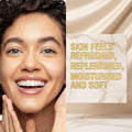 Woman with a happy expression on her face next to text about skin care benefits.