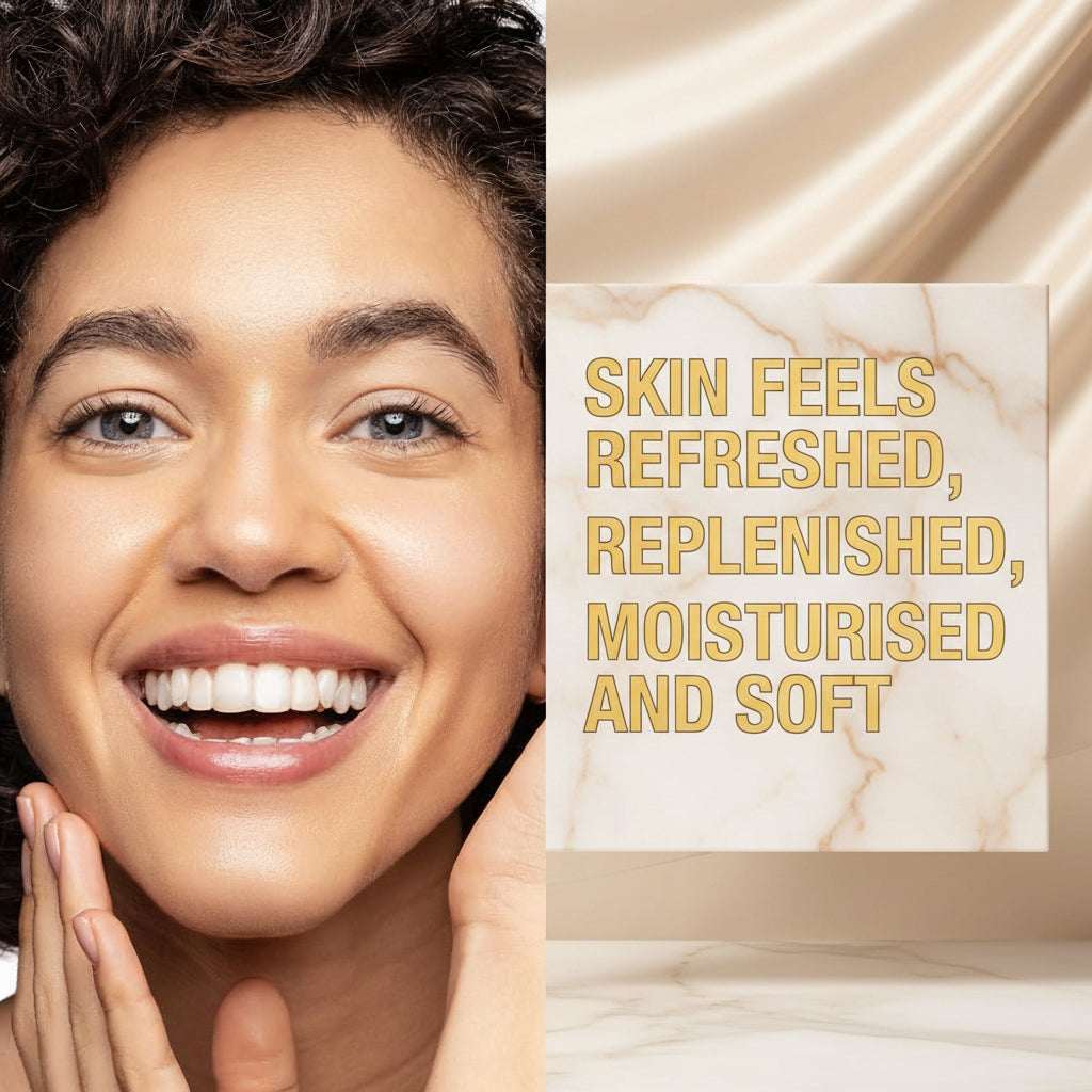 Woman with a happy expression on her face next to text about skin care benefits.