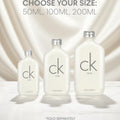 Three Calvin Klein ck one bottles in 50ML, 100ML, and 200ML sizes, shown on a white background with text indicating size options and that they are sold separately.