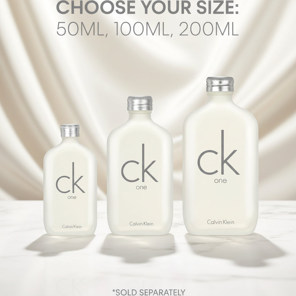 Three Calvin Klein ck one bottles in 50ML, 100ML, and 200ML sizes, shown on a white background with text indicating size options and that they are sold separately.