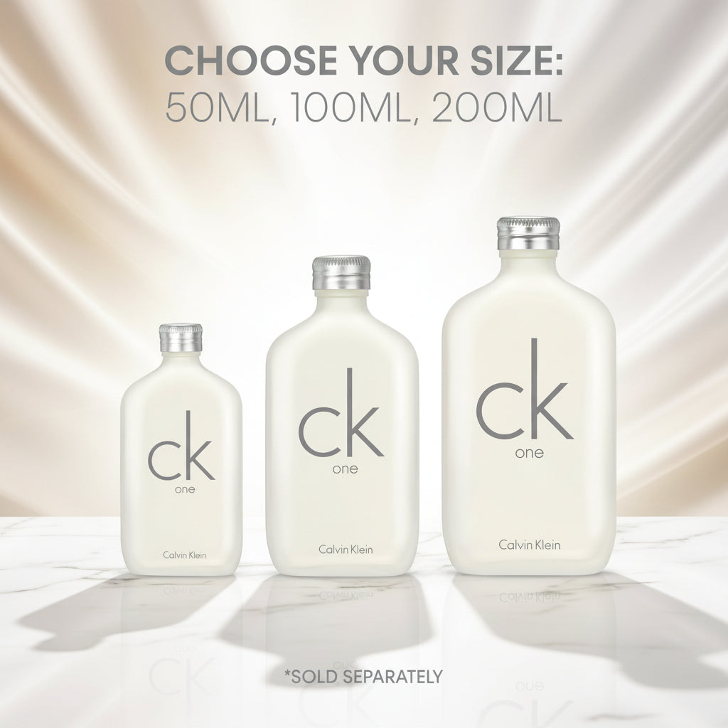 Three bottles of Calvin Klein 'ck one' cologne with size options displayed.