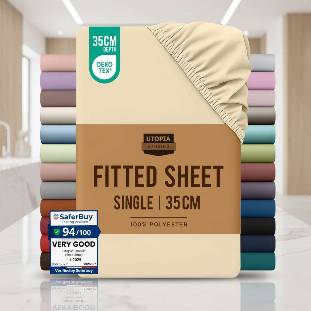 Packaged fitted sheet with color swatches and certification logos on a white background