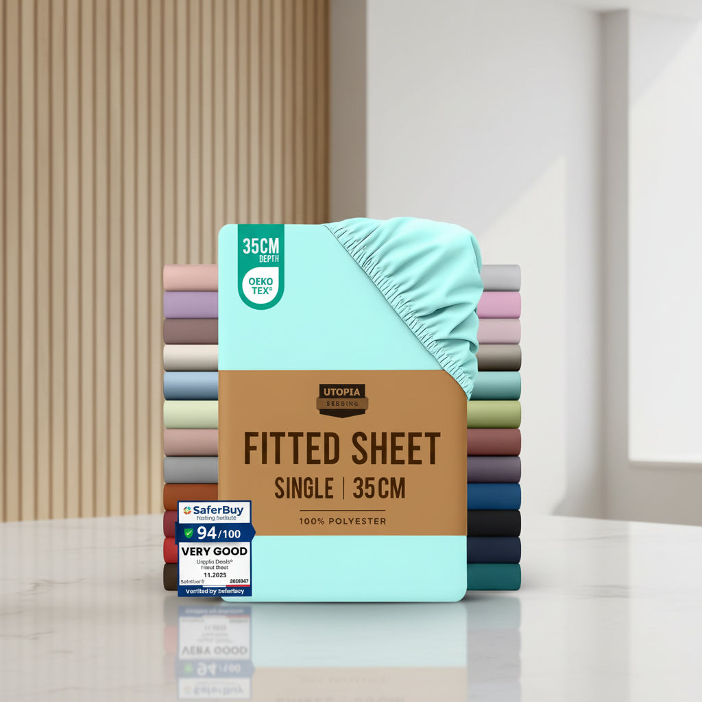 Packaged fitted sheets with a variety of colors on a cardboard box, featuring Utopia Bedding branding.