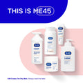 E45 skincare products on a pink and blue background with 'This is ME45' branding.