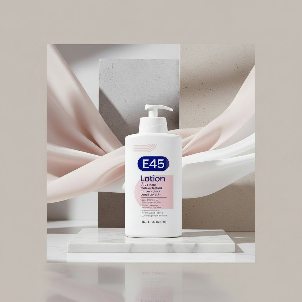 A white bottle of E45 Lotion with a pump dispenser, featuring a blue and pink label on a clean white background.
