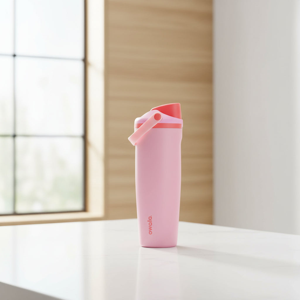 Pink water bottle with red cap on a white background