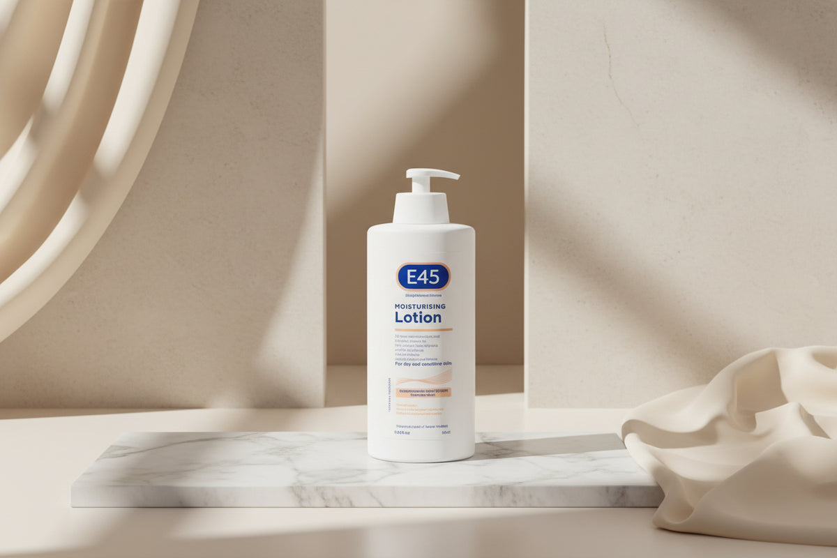 Person applying E45 moisturizing lotion to their skin with text about long-lasting care for dry and sensitive skin.