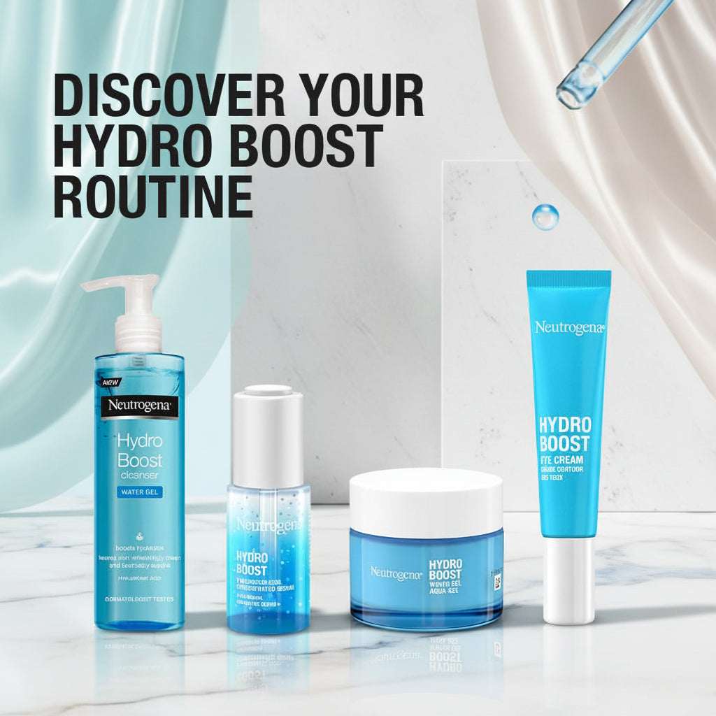 Neutrogena Hydro Boost skincare products on a light blue background with text 'Discover Your Hydro Boost Routine'.