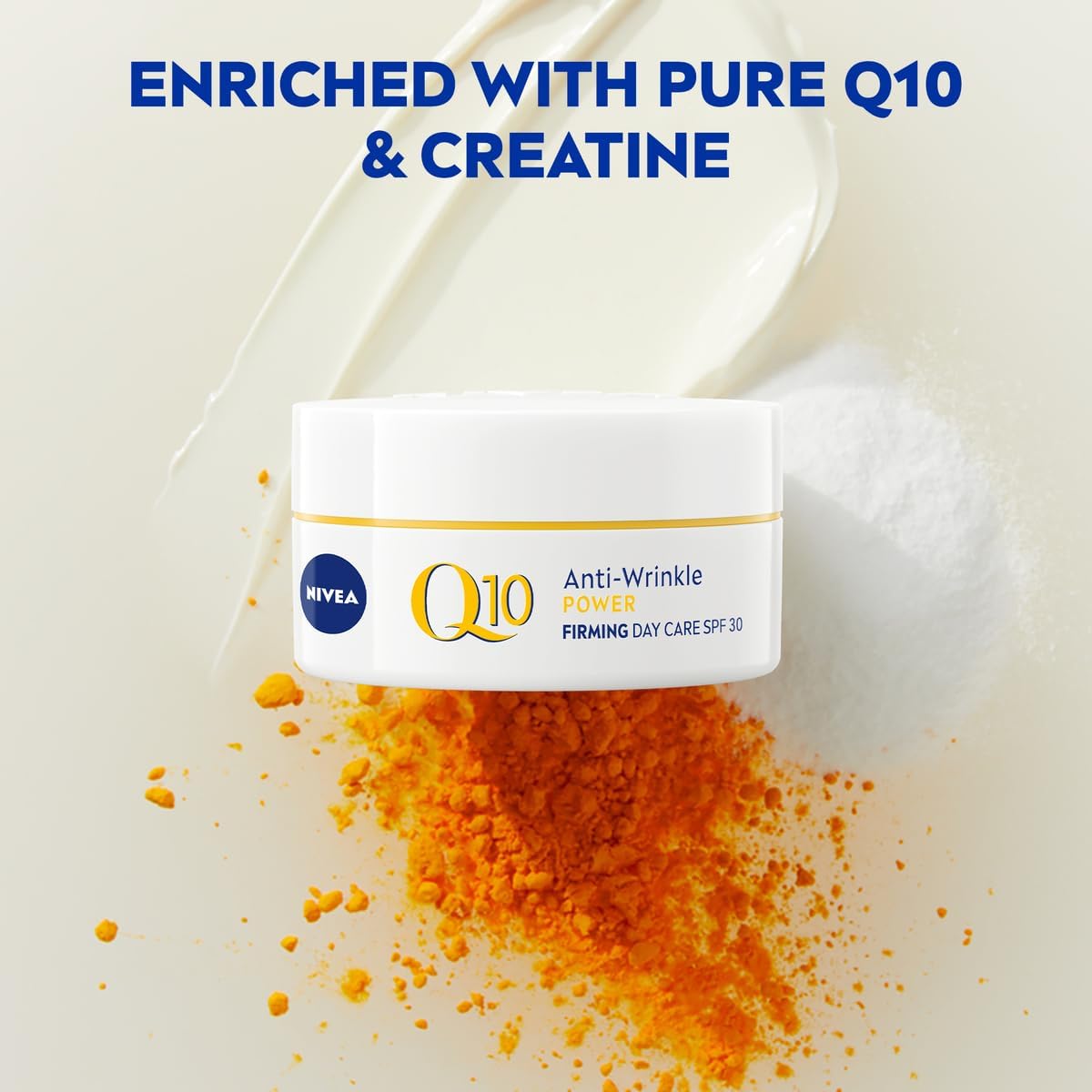 Nivea Q10 anti-wrinkle cream jar with orange powder and text 'Enriched with Pure Q10 & Creatine' on a light background