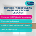 Advertisement for Dr. Beckmann Service-It Deep Clean Washing Machine Cleaner with product features on a blue background.