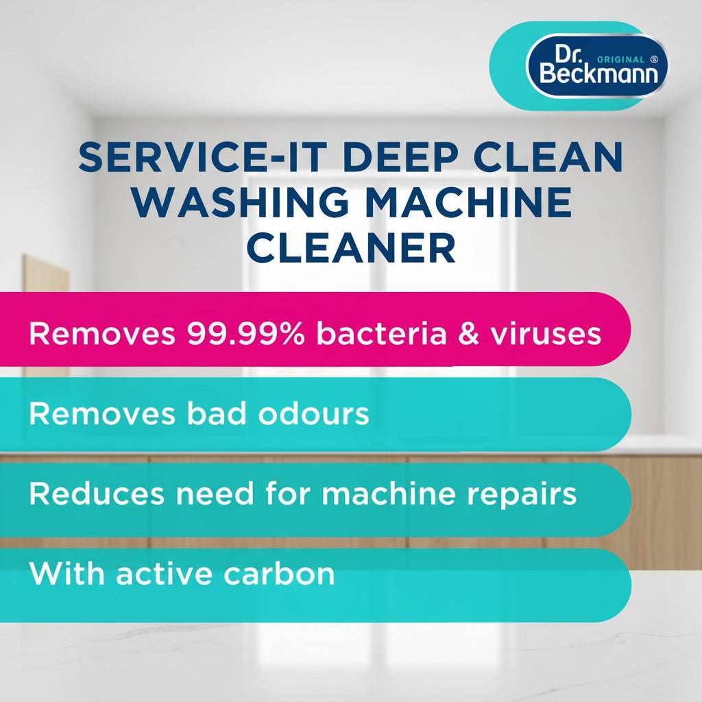 Advertisement for Dr. Beckmann Service-It Deep Clean Washing Machine Cleaner with product features on a blue background.