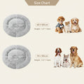 Size chart graphic showing two circular pet beds with dimensions labeled 60x80 cm and 70x90 cm, plus height 5.5 x 14 cm, alongside photos of small dogs and a cat wearing the beds.