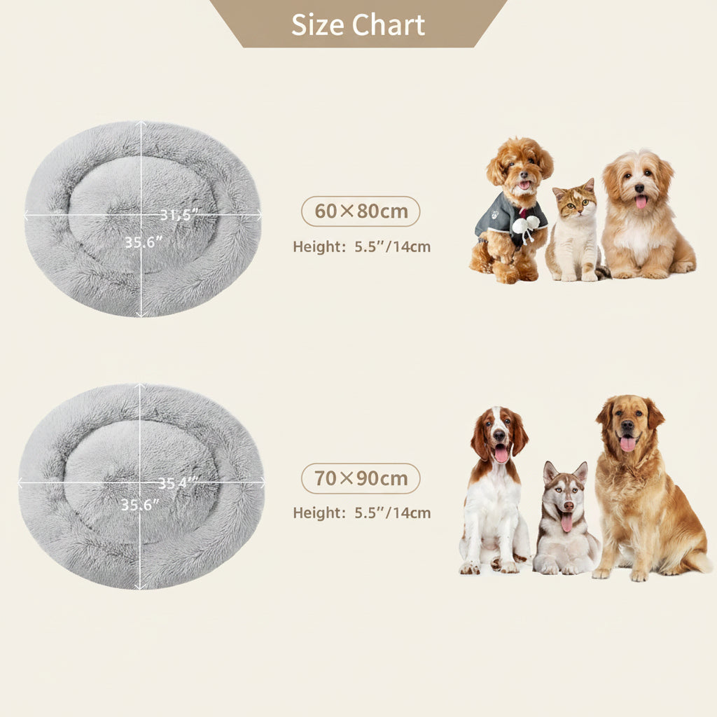 Size chart graphic showing two circular pet beds with dimensions labeled 60x80 cm and 70x90 cm, plus height 5.5 x 14 cm, alongside photos of small dogs and a cat wearing the beds.