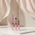 Maybelline mascara with product name and features on a blue background