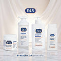 Collection of E45 skincare products on a light gray background