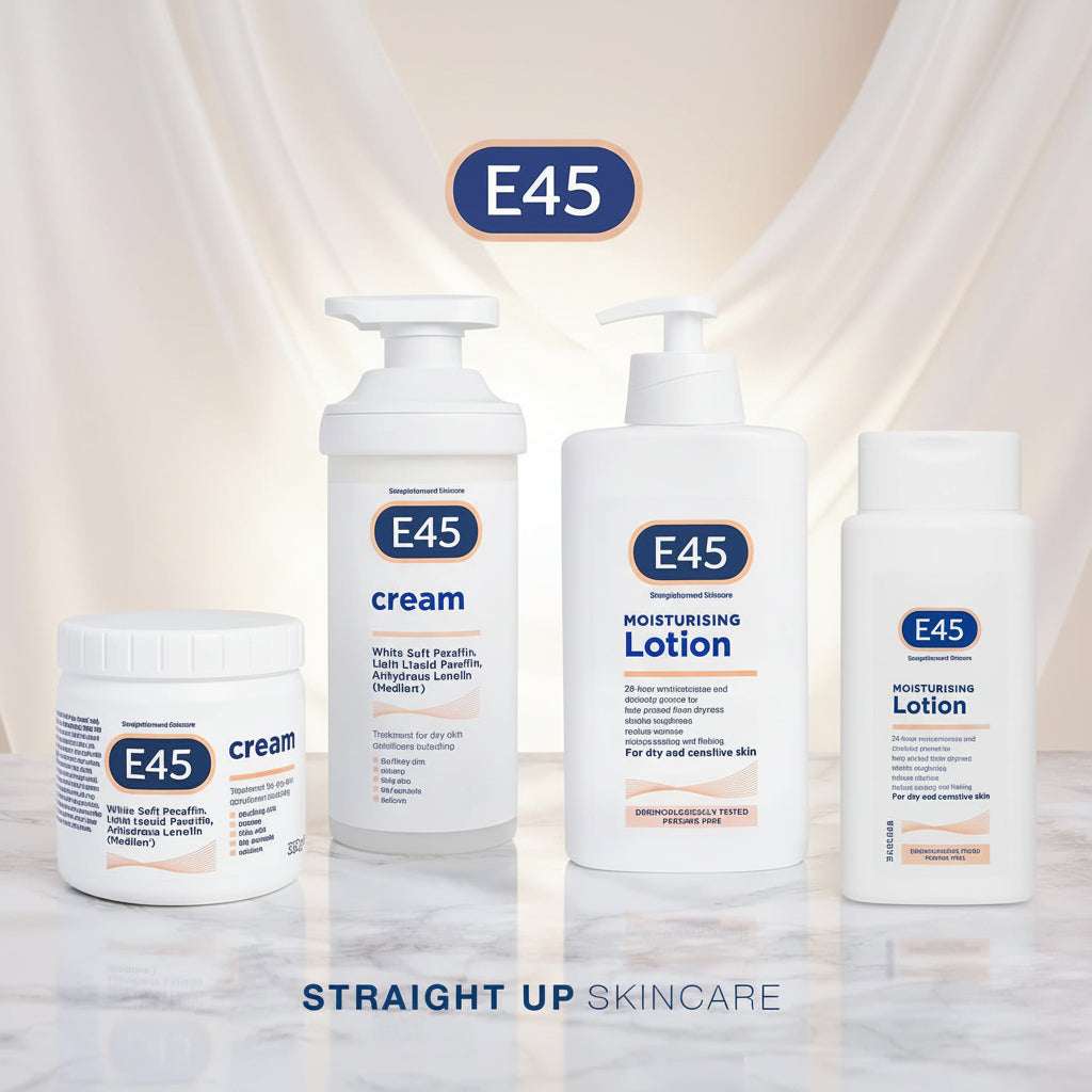Collection of E45 skincare products on a light gray background