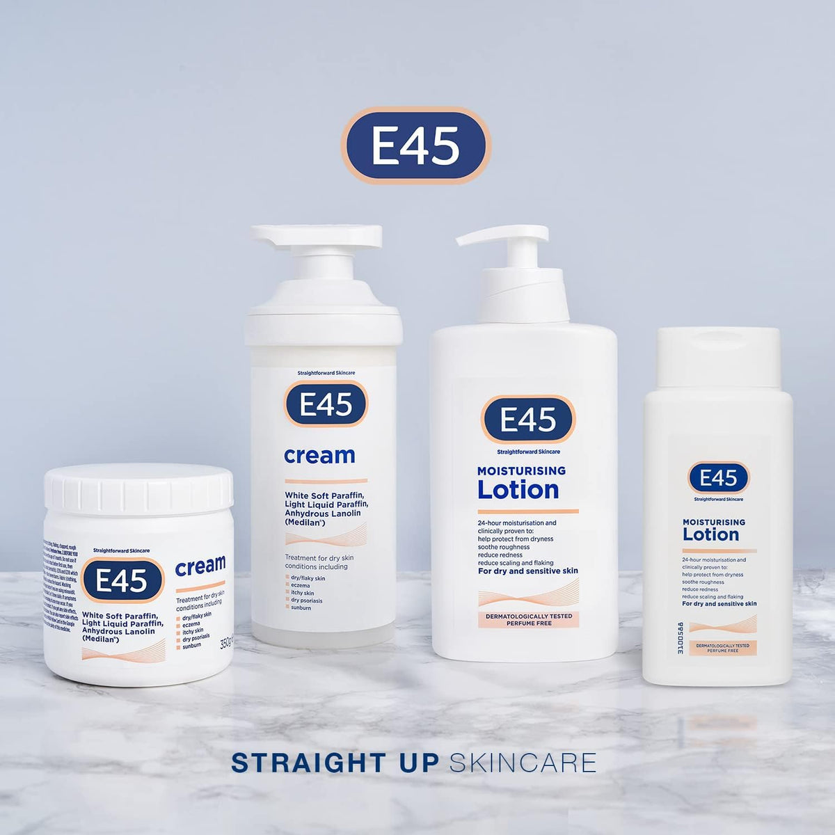 Collection of E45 skincare products on a light gray background