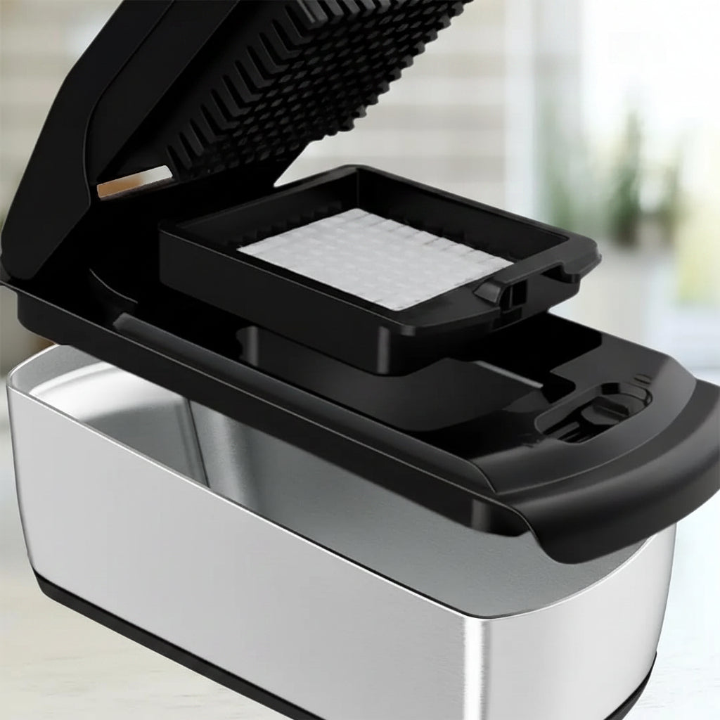 Waffle maker with 'Premium Grade Construction' text and safety features highlighted.