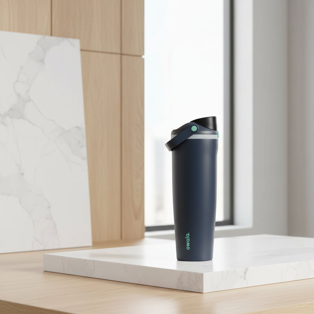 A matte black Owala travel tumbler with a dark gray lid and a small mint green button, shown on a solid white background.