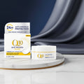 Nivea Q10 anti-wrinkle cream packaging on a wooden surface with a blue background.