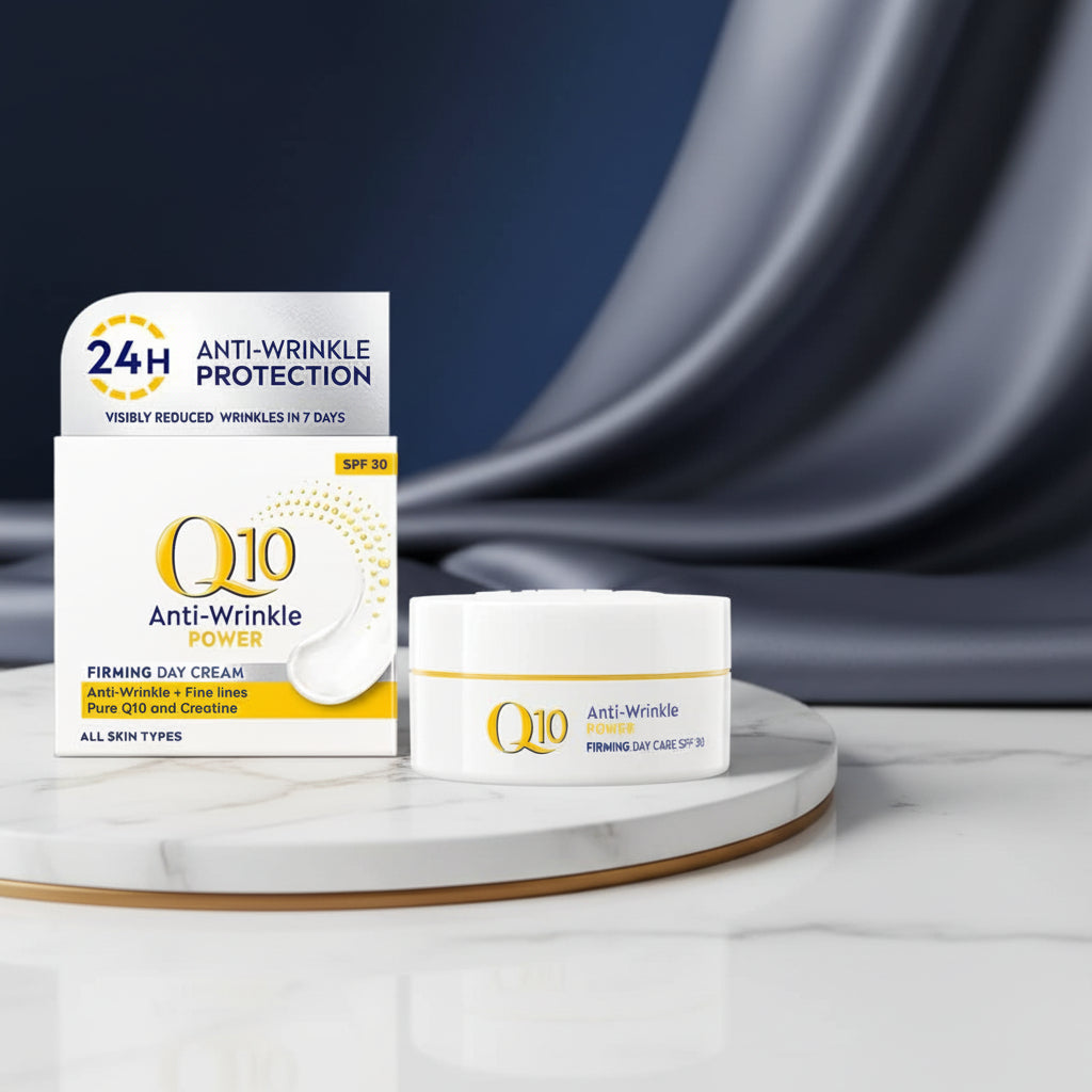 Nivea Q10 anti-wrinkle cream packaging on a wooden surface with a blue background.