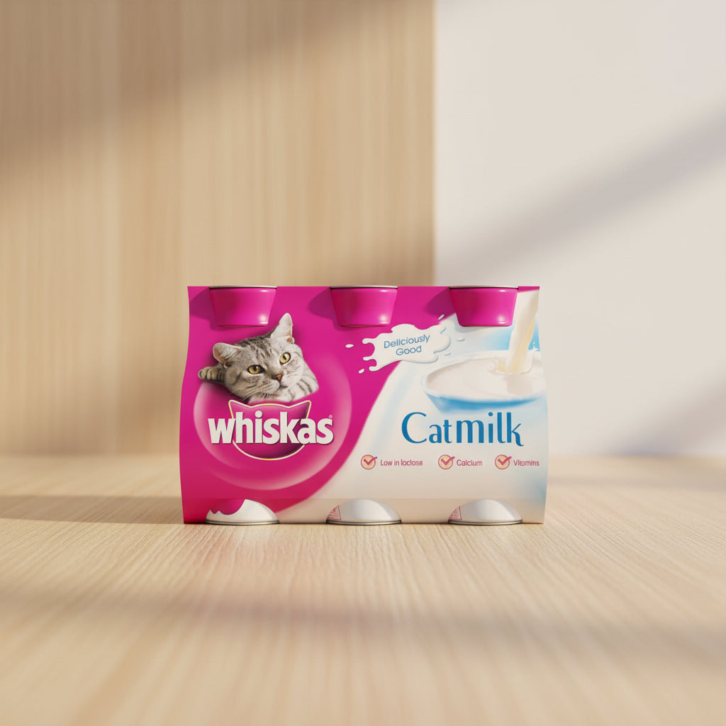 A six-pack of Whiskas cat milk drink in a pink and white cardboard carrier, featuring a photo of a gray tabby cat on the left and a bowl of milk on the right.