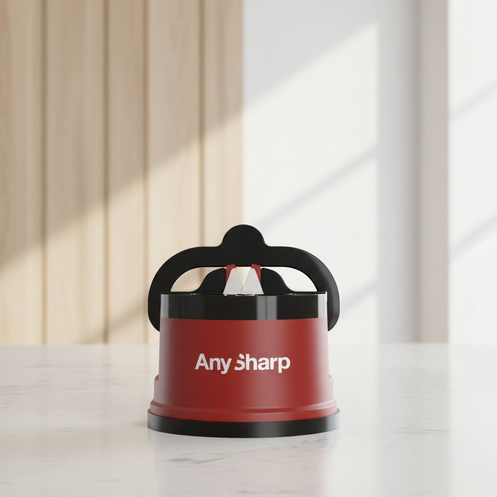 A red and black Any Sharp portable electric knife sharpener with white branding text on the front, shown on a solid white background.