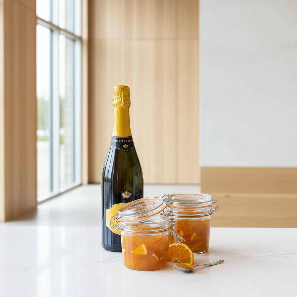Bottle of champagne with two jars of orange marmalade on a wooden surface.