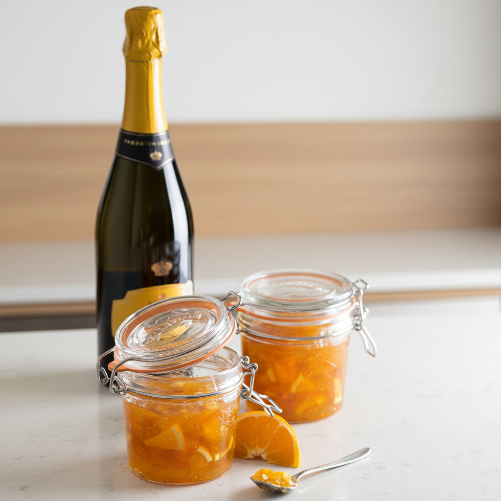 Bottle of champagne with two jars of orange marmalade on a wooden surface.