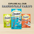 Three Dreamies cat treat packages on a yellow background with text 'Explore all our irresistible treats'.
