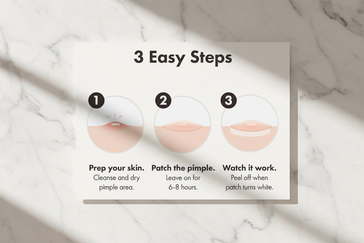 An instructional graphic titled '3 Easy Steps' showing a three-step pimple patch application process with illustrated circular skin diagrams and text instructions.
