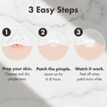 An instructional graphic titled '3 Easy Steps' showing a three-step pimple patch application process with illustrated circular skin diagrams and text instructions.