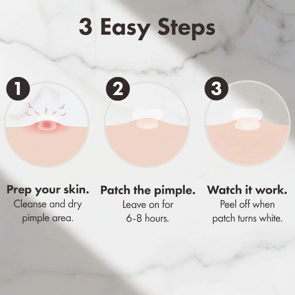 An instructional graphic titled '3 Easy Steps' showing a three-step pimple patch application process with illustrated circular skin diagrams and text instructions.