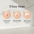 An instructional graphic titled '3 Easy Steps' showing a three-step pimple patch application process with illustrated circular skin diagrams and text instructions.