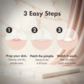 An instructional graphic titled '3 Easy Steps' showing a three-step pimple patch application process with illustrated circular skin diagrams and text: 'Prep your skin,' 'Patch the pimple,' and 'Watch it work.'.