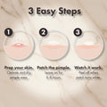 An instructional graphic titled '3 Easy Steps' showing a three-step pimple patch application process with illustrated circular skin diagrams and text instructions.